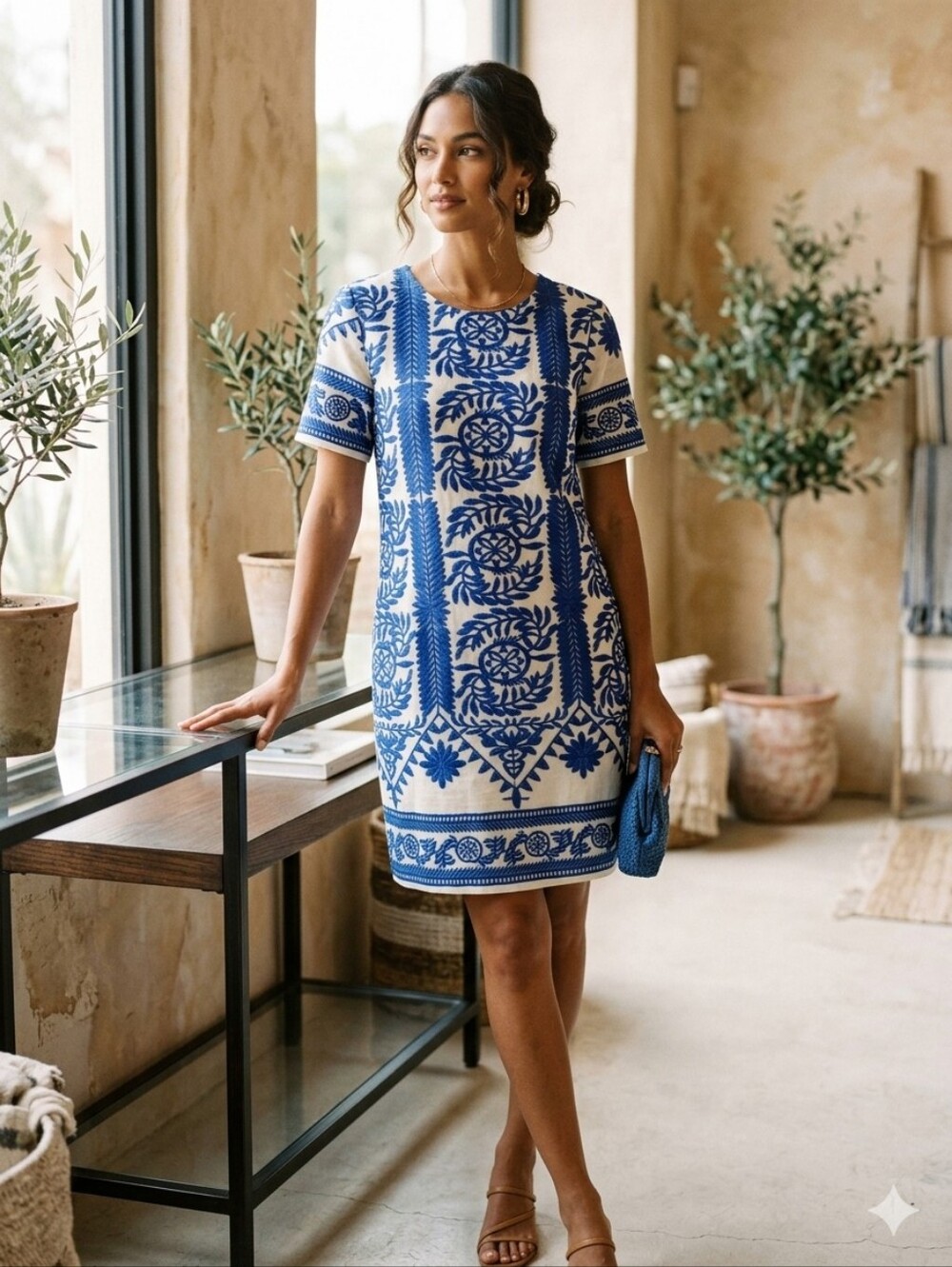 Lulu's Dress with Bold Royal Blue Embroidery S
